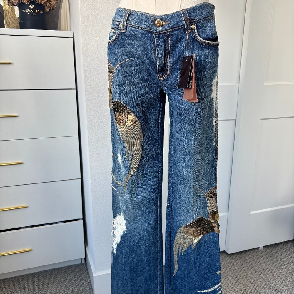 ROBERTO CAVALLI Vintage 2008 Embellished Hummingbird Jeans Made in Italy Size 25 - Picture 1 of 6